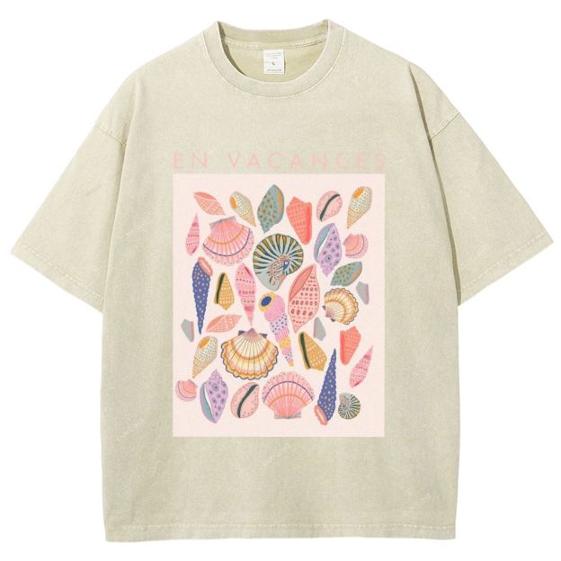 Unisex Colorful Shells Printed Washed Tee