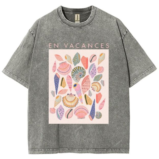 Unisex Colorful Shells Printed Washed Tee