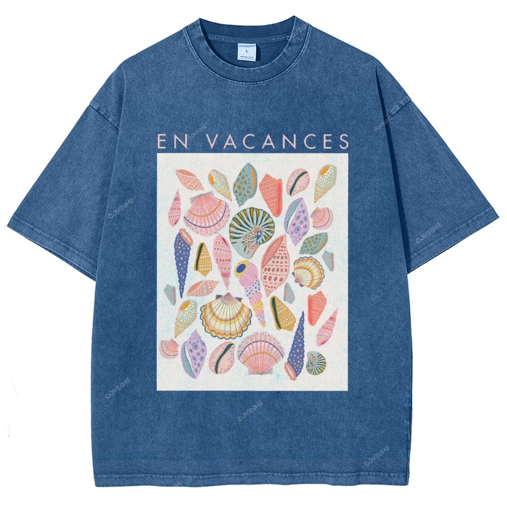 Unisex Colorful Shells Printed Washed Tee