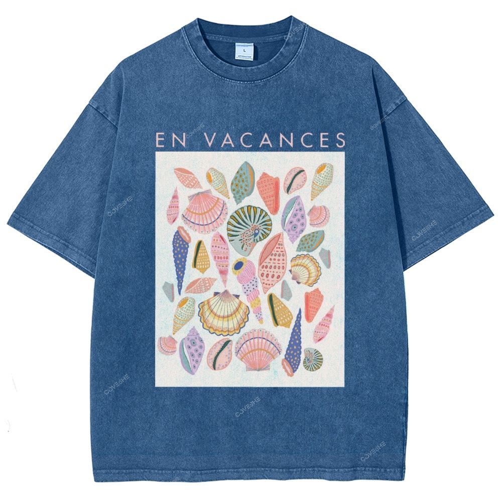 Unisex Colorful Shells Printed Washed Tee