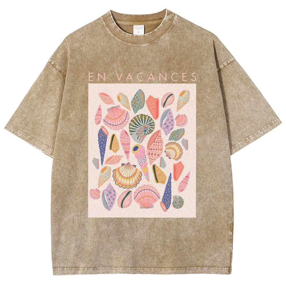 Unisex Colorful Shells Printed Washed Tee