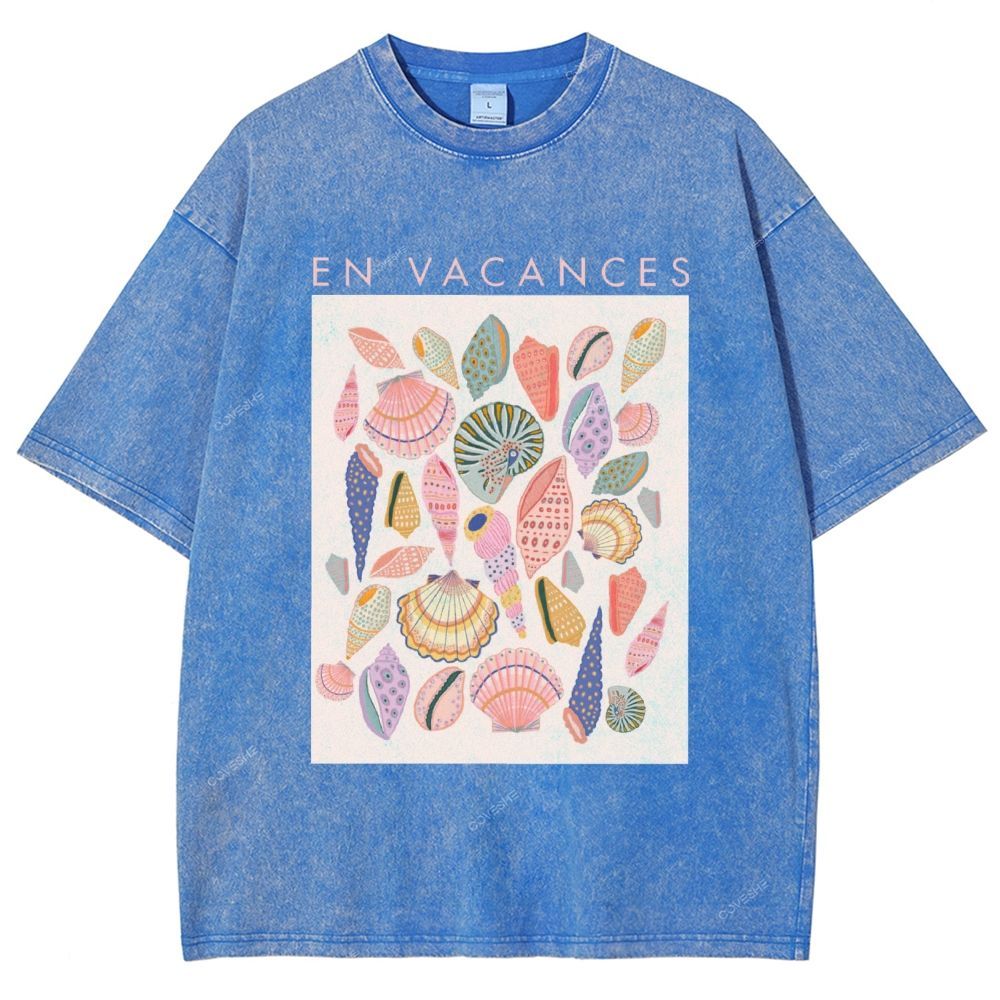 Unisex Colorful Shells Printed Washed Tee