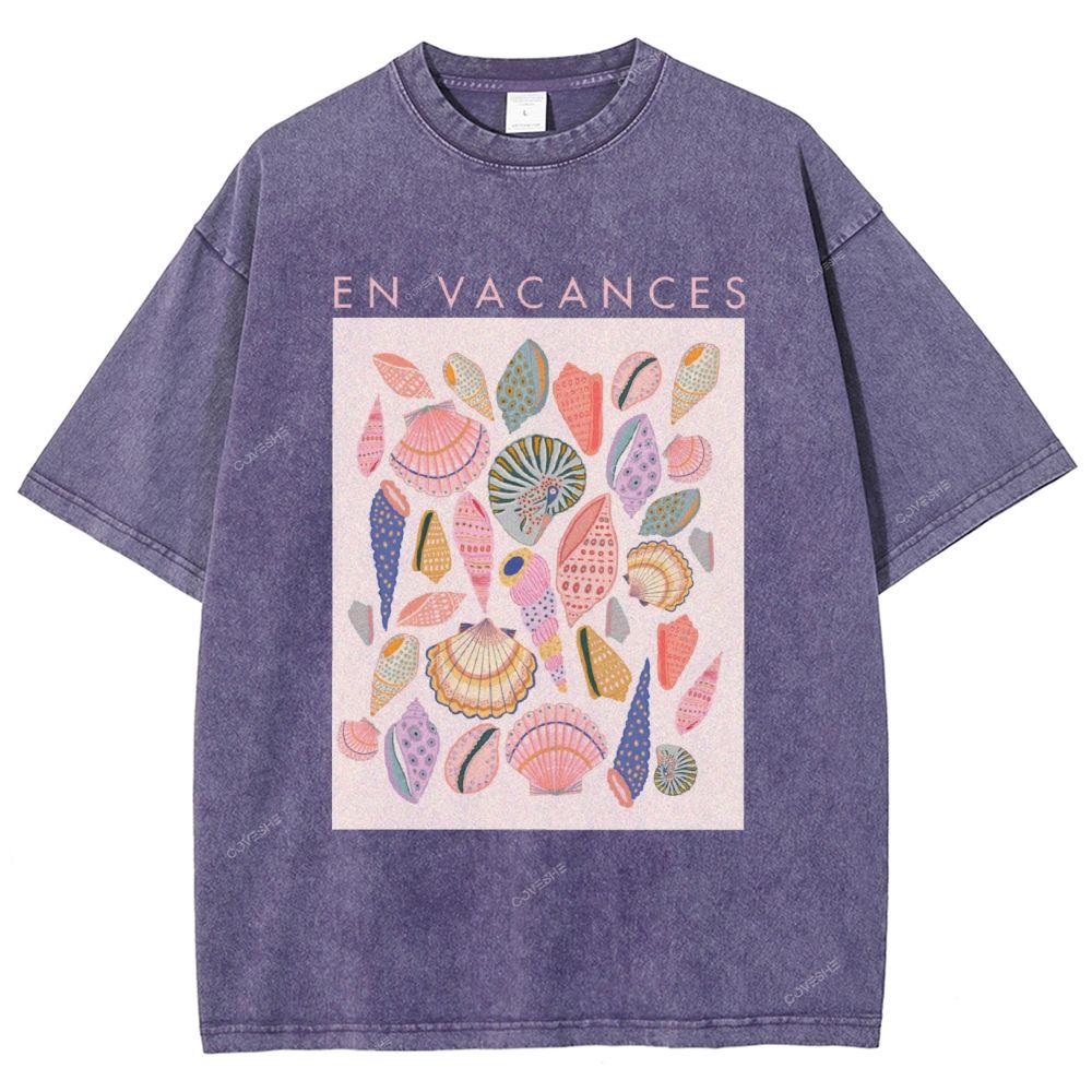 Unisex Colorful Shells Printed Washed Tee