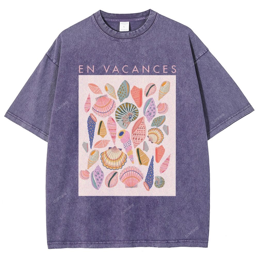 Unisex Colorful Shells Printed Washed Tee