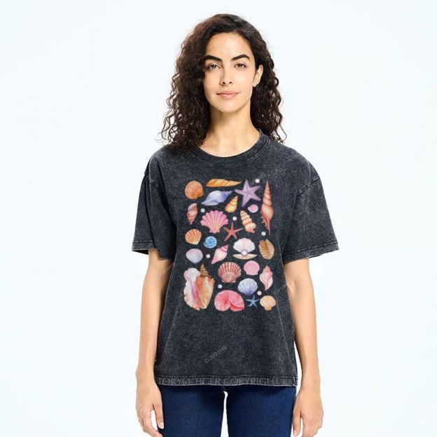 Unisex Colorful Shells Printed Washed Tee