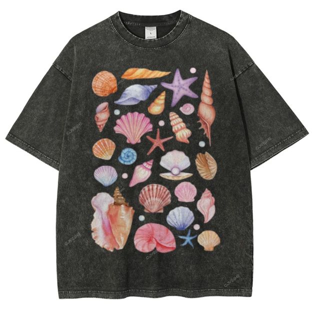 Unisex Colorful Shells Printed Washed Tee