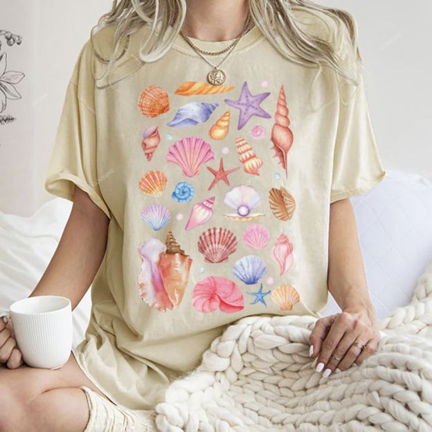 Unisex Colorful Shells Printed Washed Tee