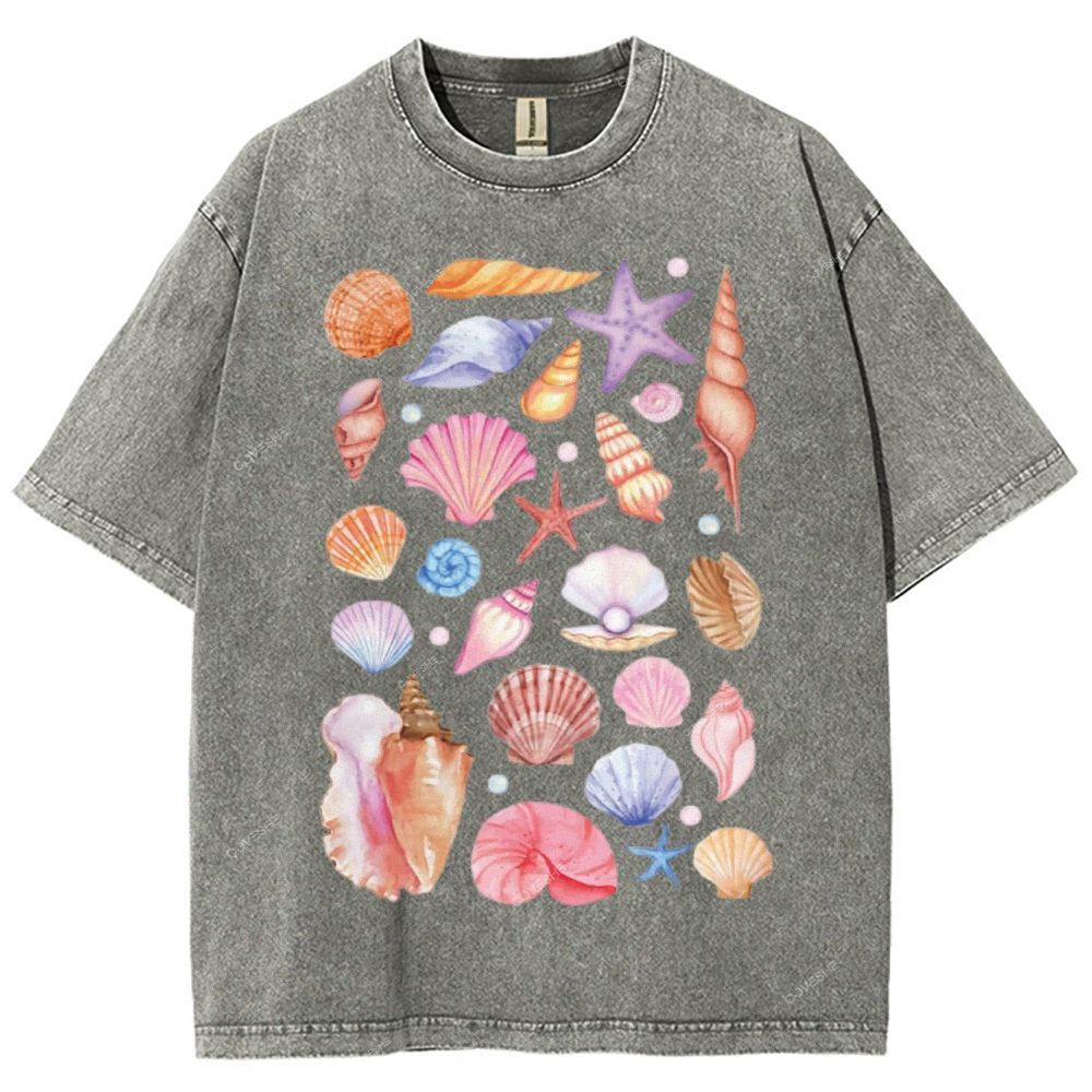 Unisex Colorful Shells Printed Washed Tee