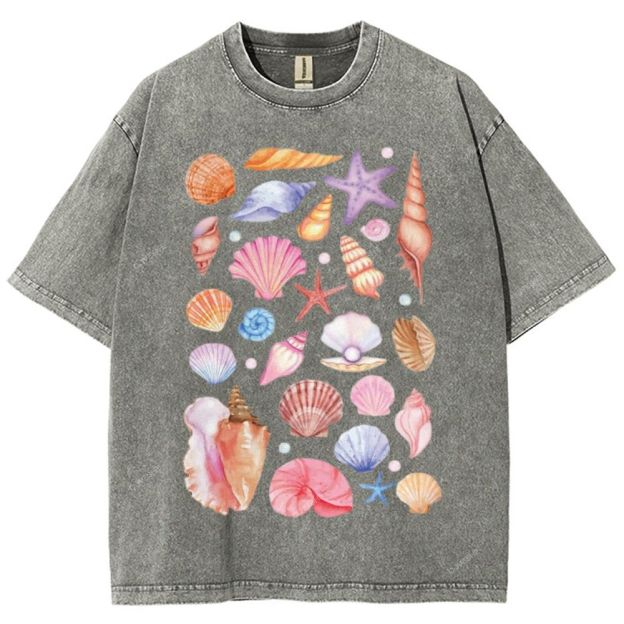 Unisex Colorful Shells Printed Washed Tee