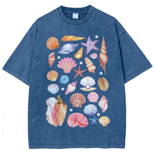 Unisex Colorful Shells Printed Washed Tee