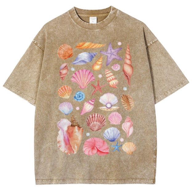 Unisex Colorful Shells Printed Washed Tee