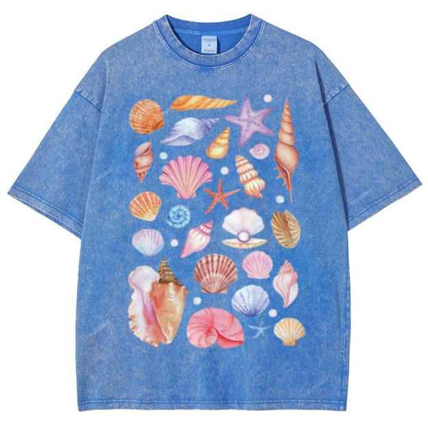 Unisex Colorful Shells Printed Washed Tee