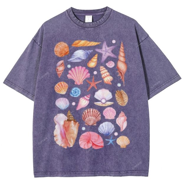 Unisex Colorful Shells Printed Washed Tee