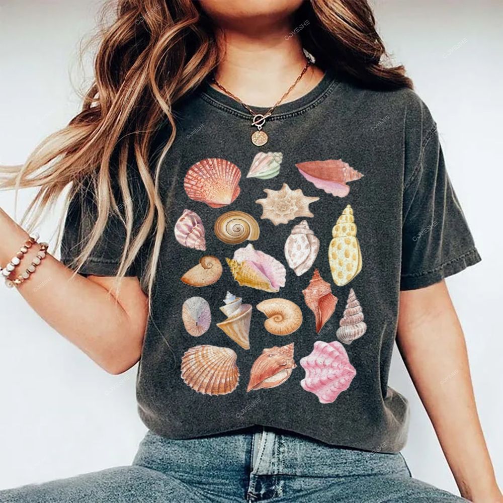 Unisex Colorful Shells Printed Washed Tee