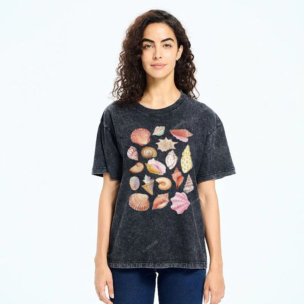 Unisex Colorful Shells Printed Washed Tee