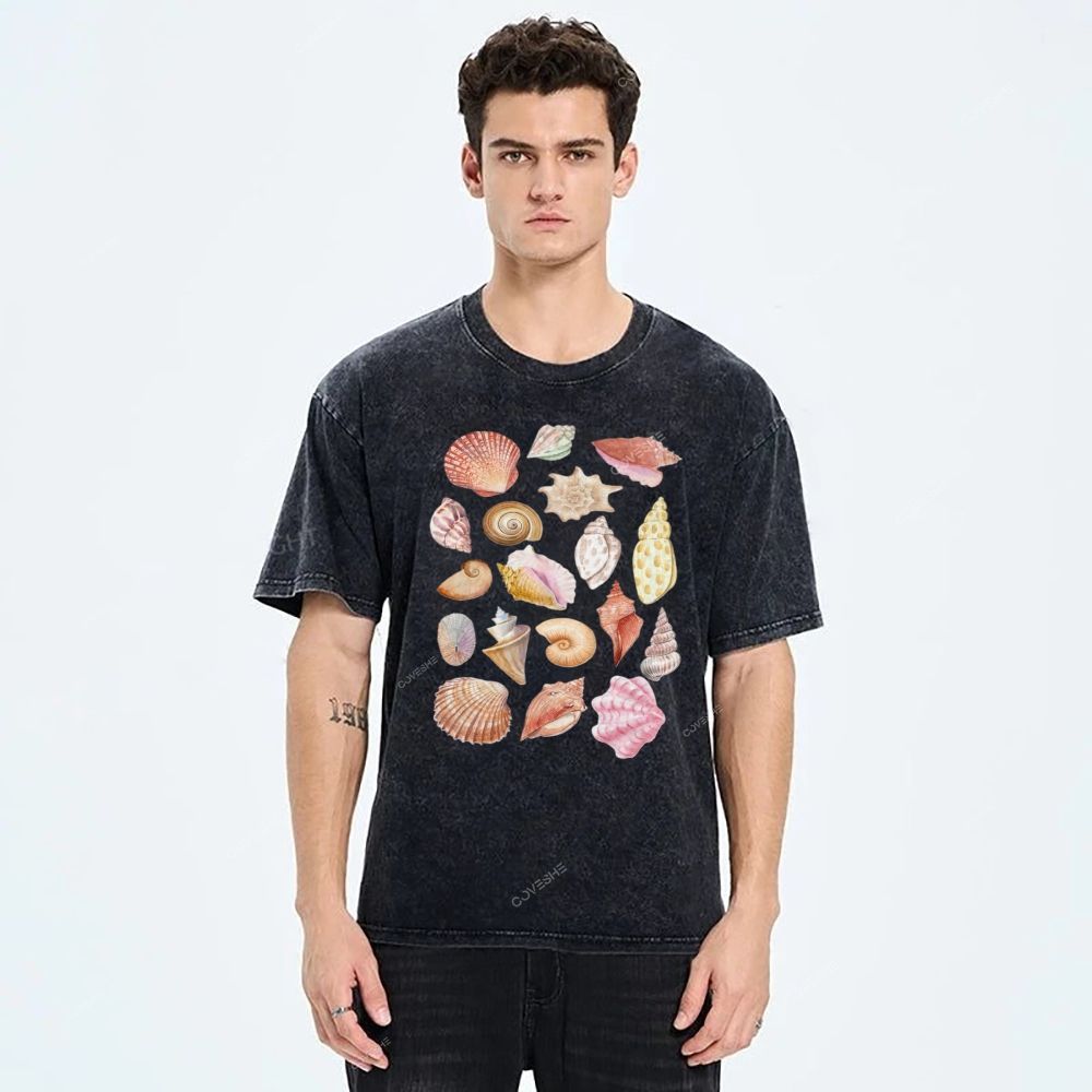Unisex Colorful Shells Printed Washed Tee