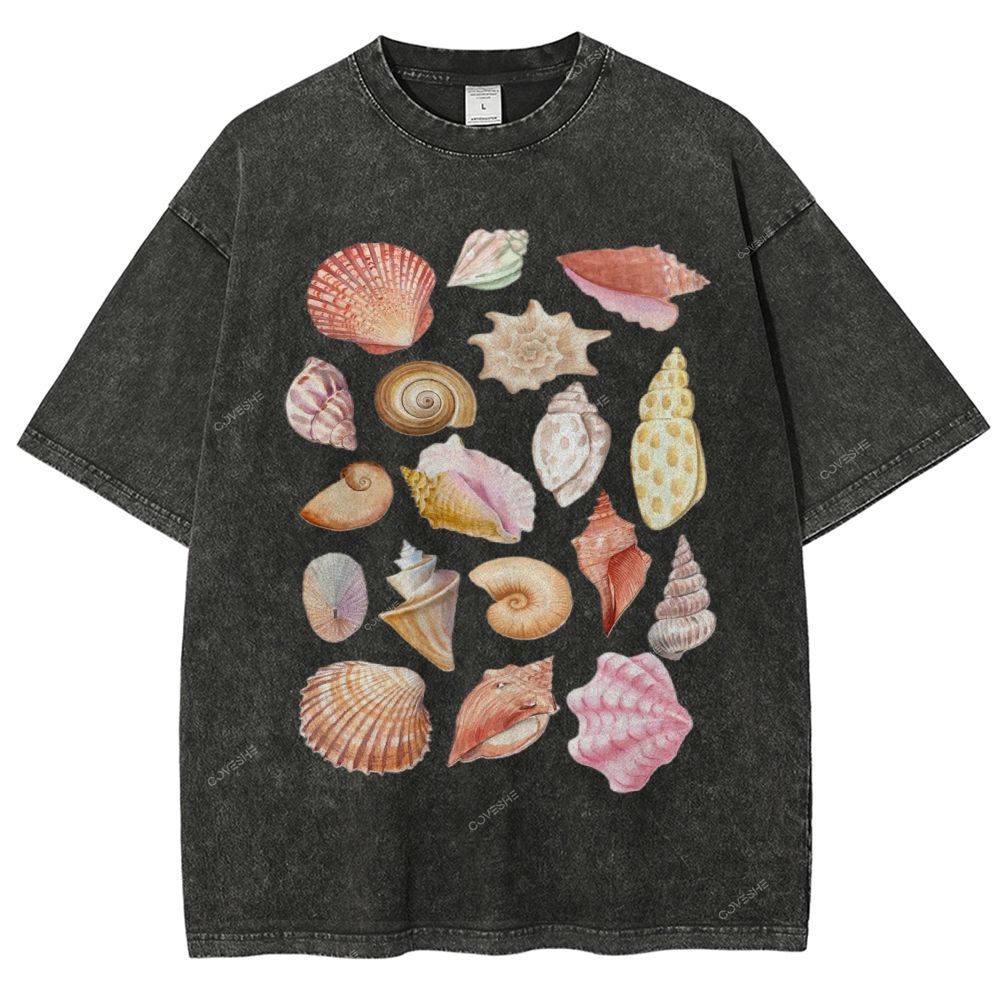 Unisex Colorful Shells Printed Washed Tee