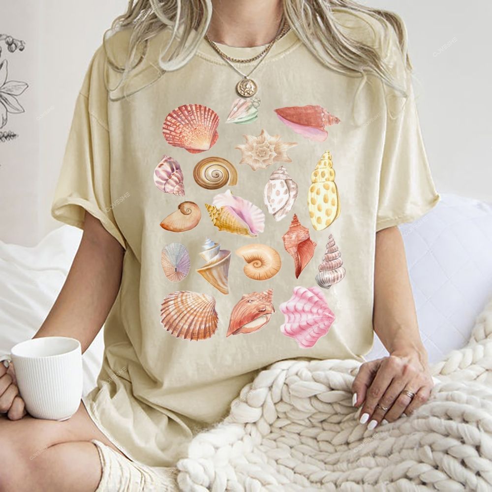 Unisex Colorful Shells Printed Washed Tee