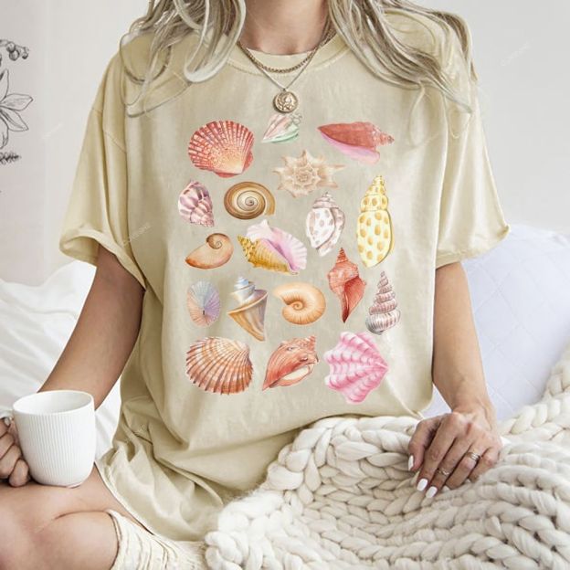 Unisex Colorful Shells Printed Washed Tee