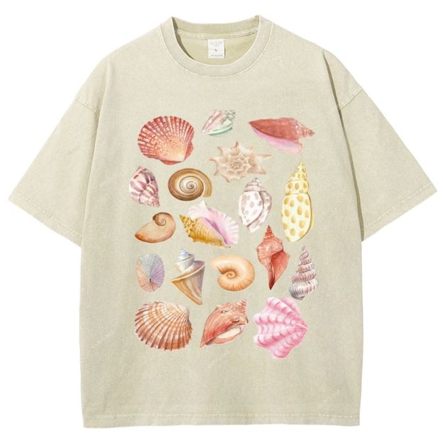 Unisex Colorful Shells Printed Washed Tee