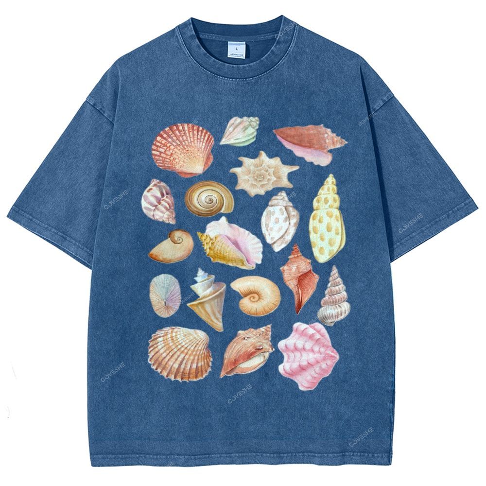 Unisex Colorful Shells Printed Washed Tee