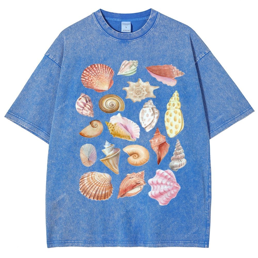 Unisex Colorful Shells Printed Washed Tee