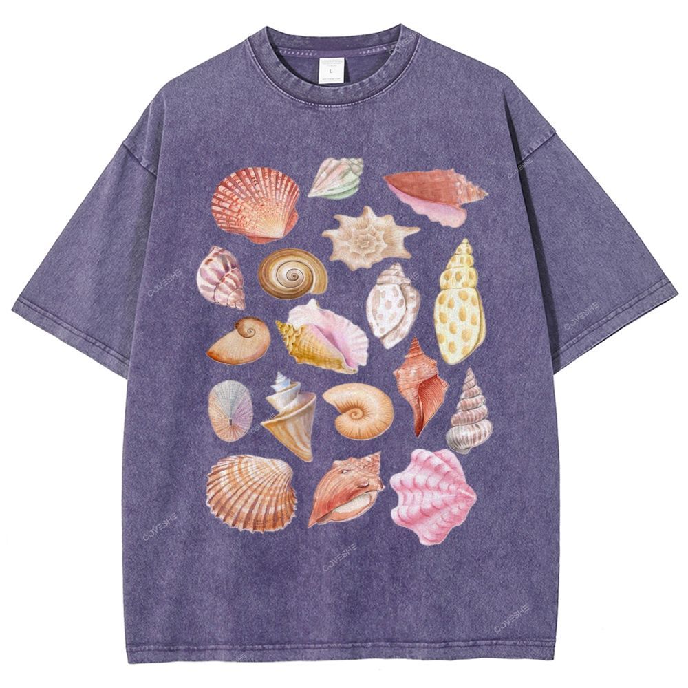 Unisex Colorful Shells Printed Washed Tee