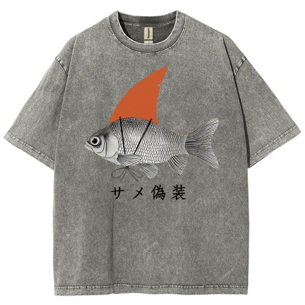 Unisex Fish Disguise Printed Washed Tee