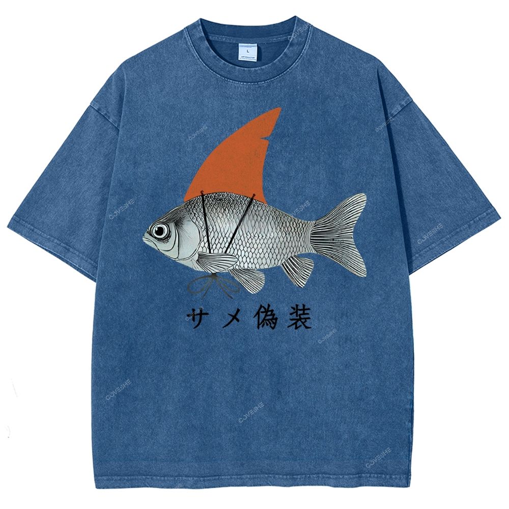 Unisex Fish Disguise Printed Washed Tee
