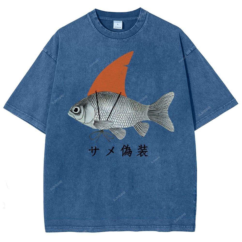 Unisex Fish Disguise Printed Washed Tee
