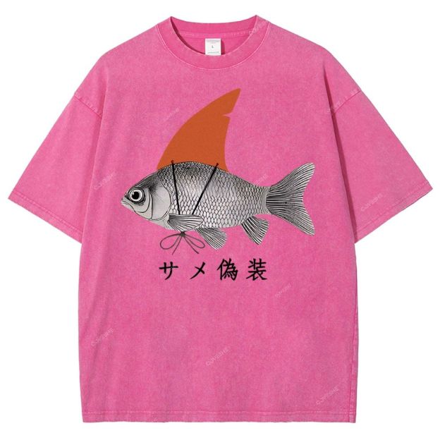 Unisex Fish Disguise Printed Washed Tee