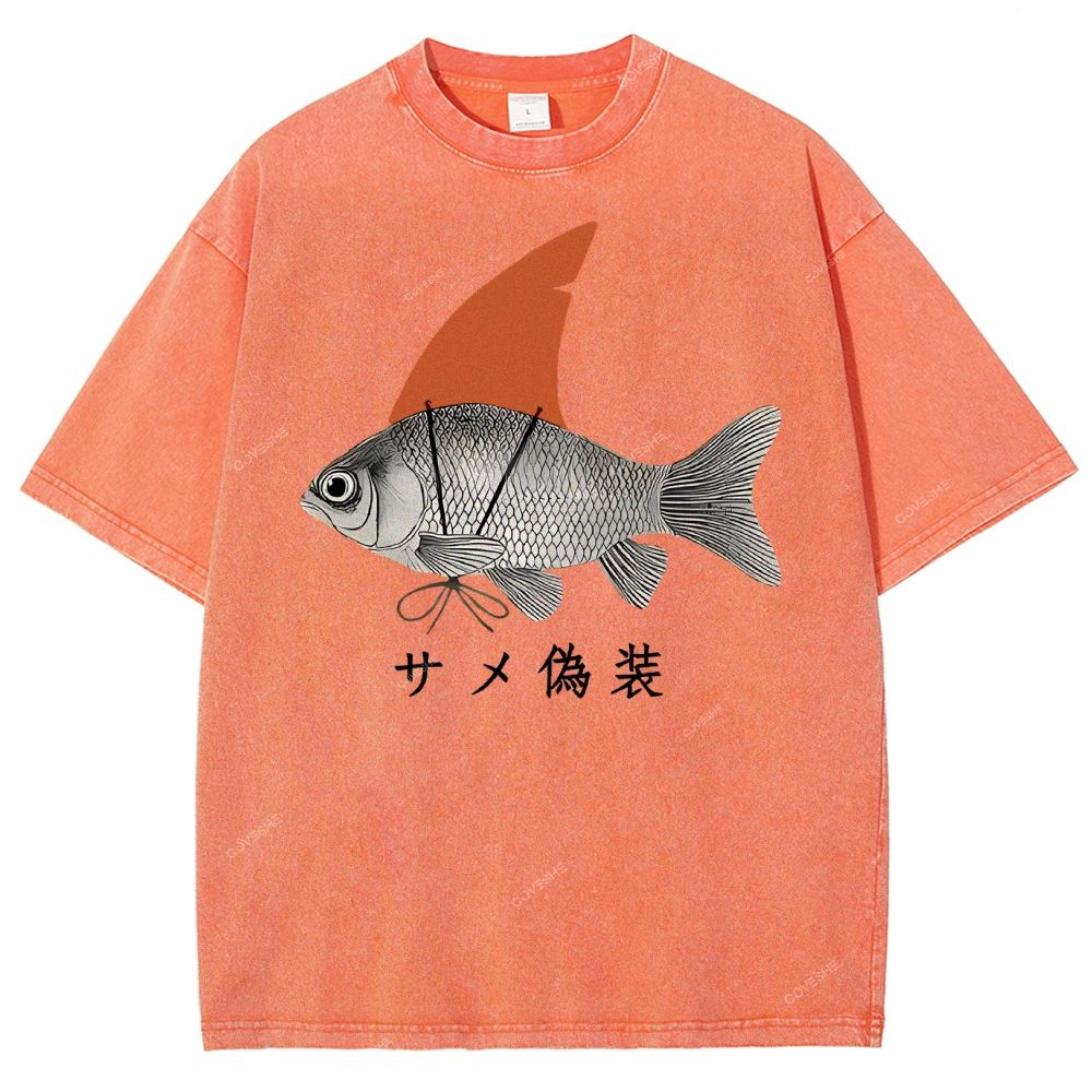 Unisex Fish Disguise Printed Washed Tee
