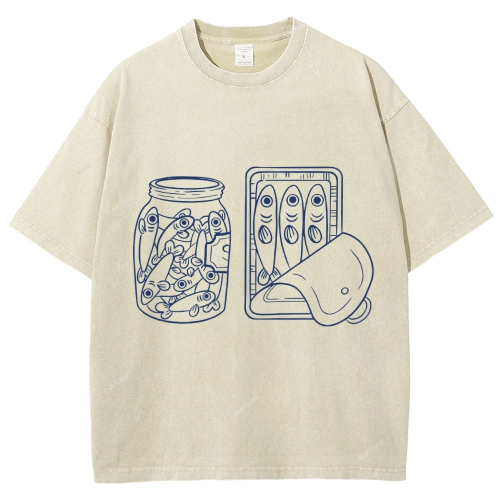 Unisex Sardine Can Printed Washed Tee