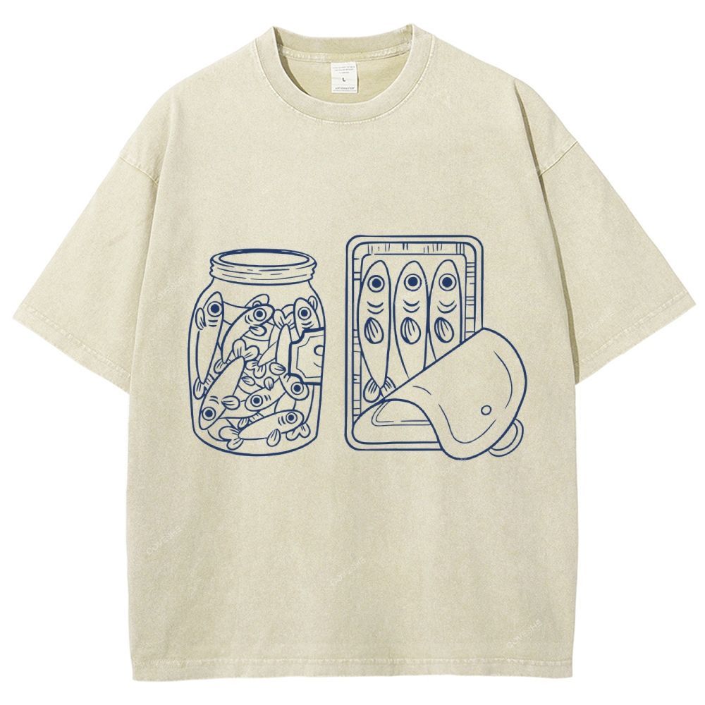 Unisex Sardine Can Printed Washed Tee