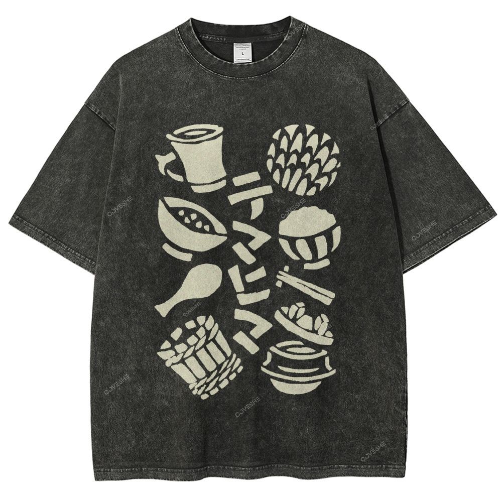Unisex Vintage Japanese Food Printed Washed Tee