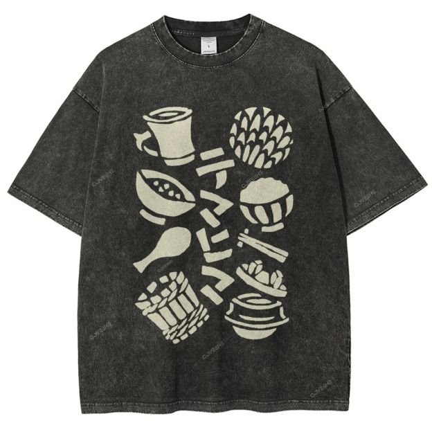 Unisex Vintage Japanese Food Printed Washed Tee