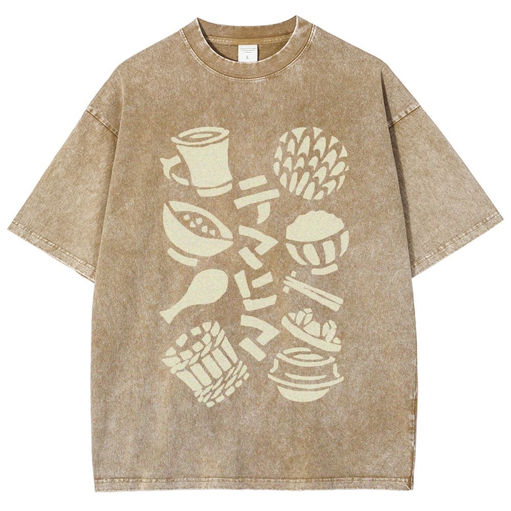 Unisex Vintage Japanese Food Printed Washed Tee