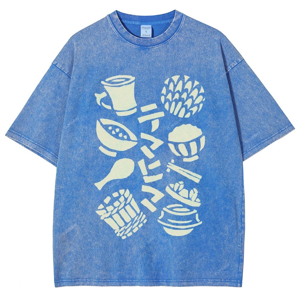 Unisex Vintage Japanese Food Printed Washed Tee