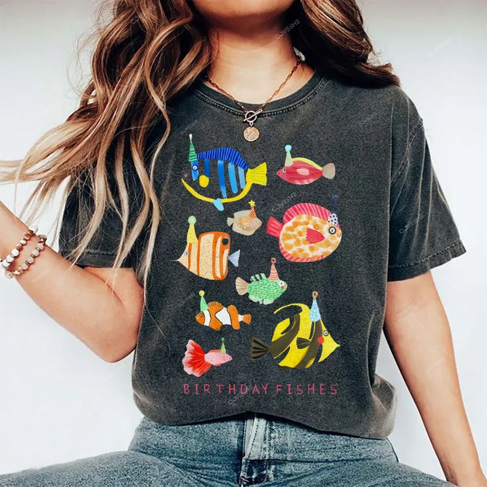 Unisex Birthday Fish Printed Washed Tee