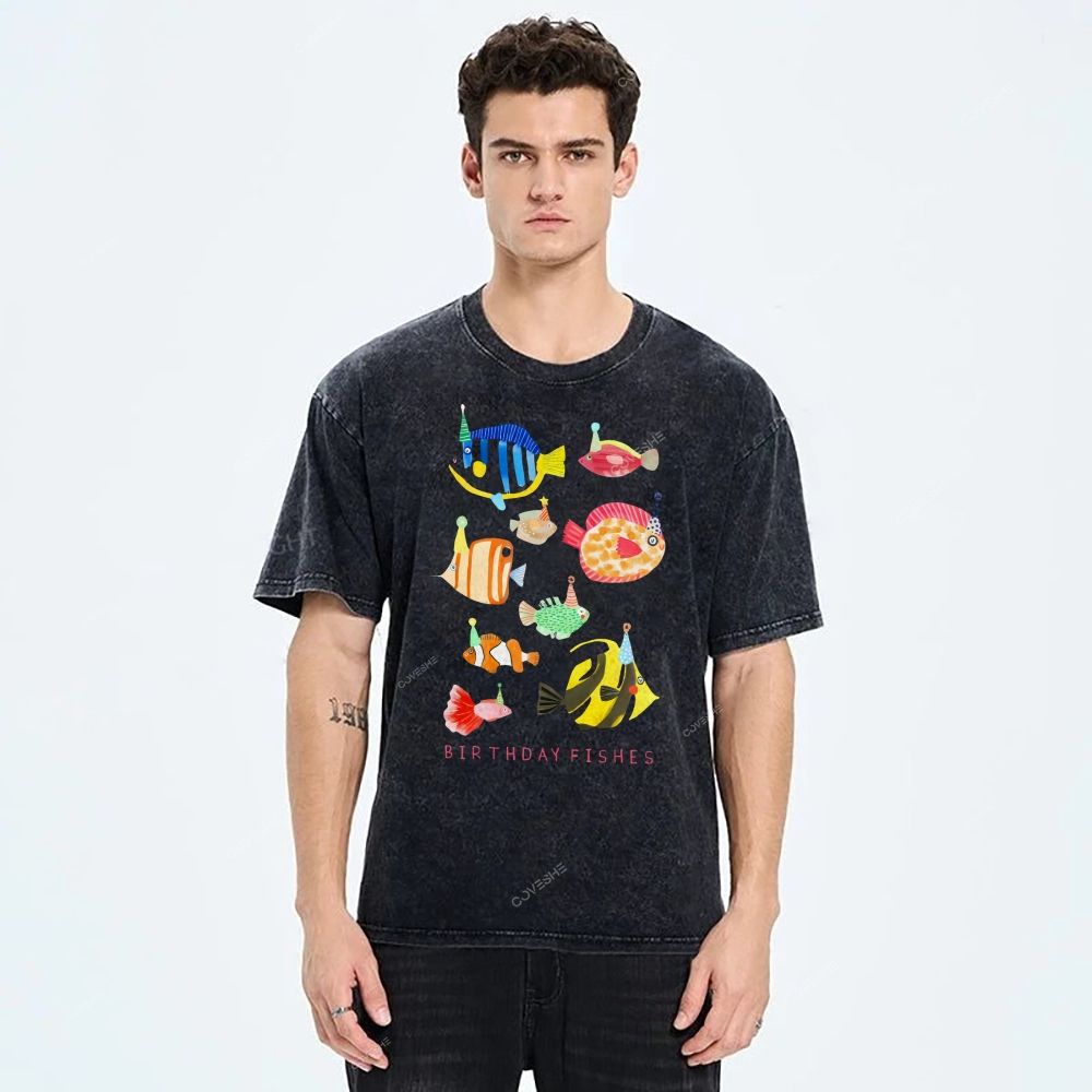 Unisex Birthday Fish Printed Washed Tee