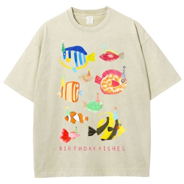 Unisex Birthday Fish Printed Washed Tee