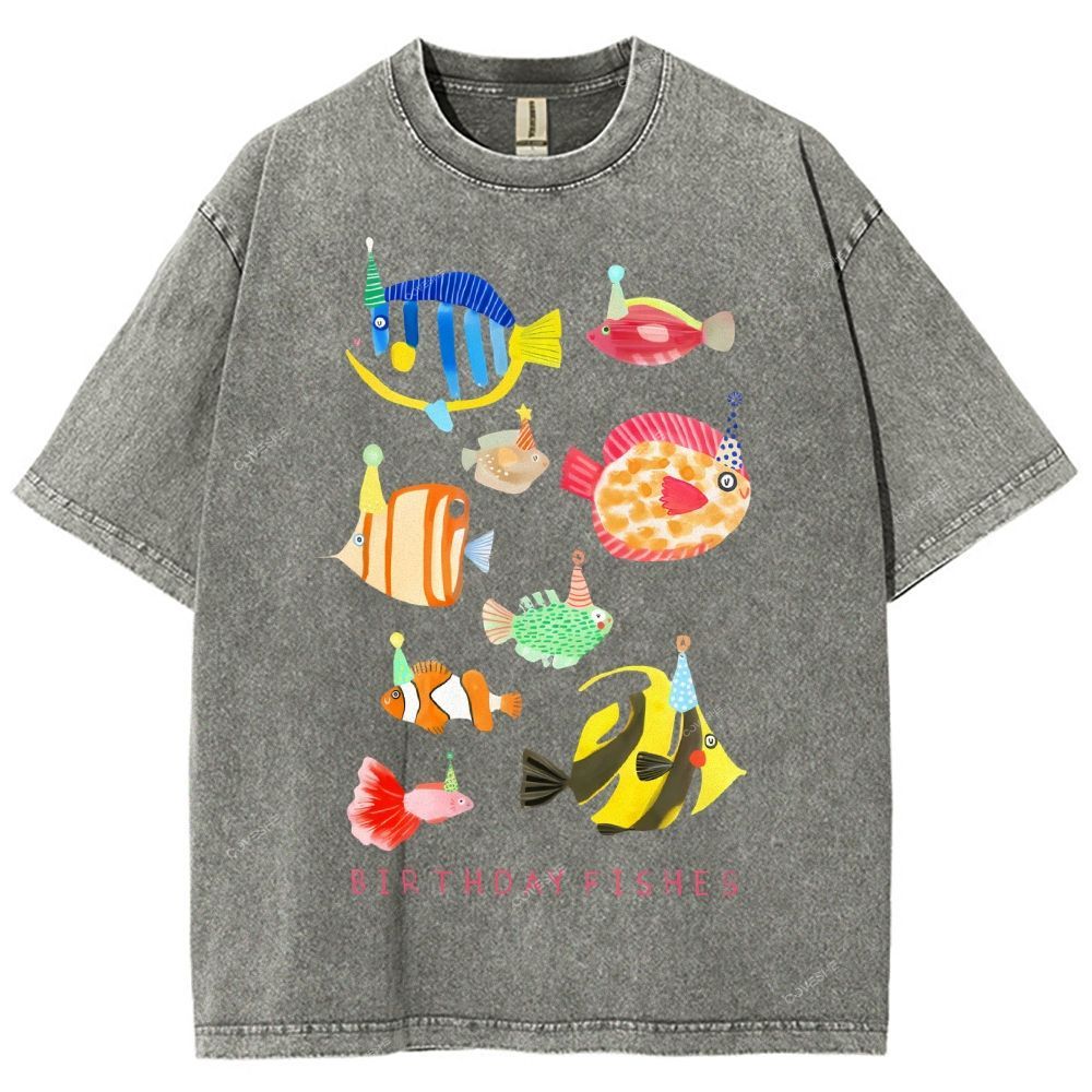 Unisex Birthday Fish Printed Washed Tee