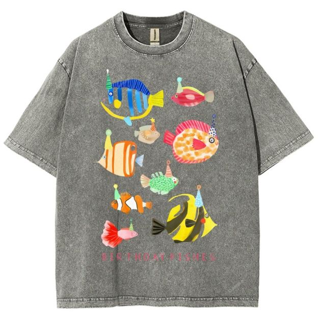 Unisex Birthday Fish Printed Washed Tee