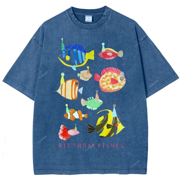 Unisex Birthday Fish Printed Washed Tee