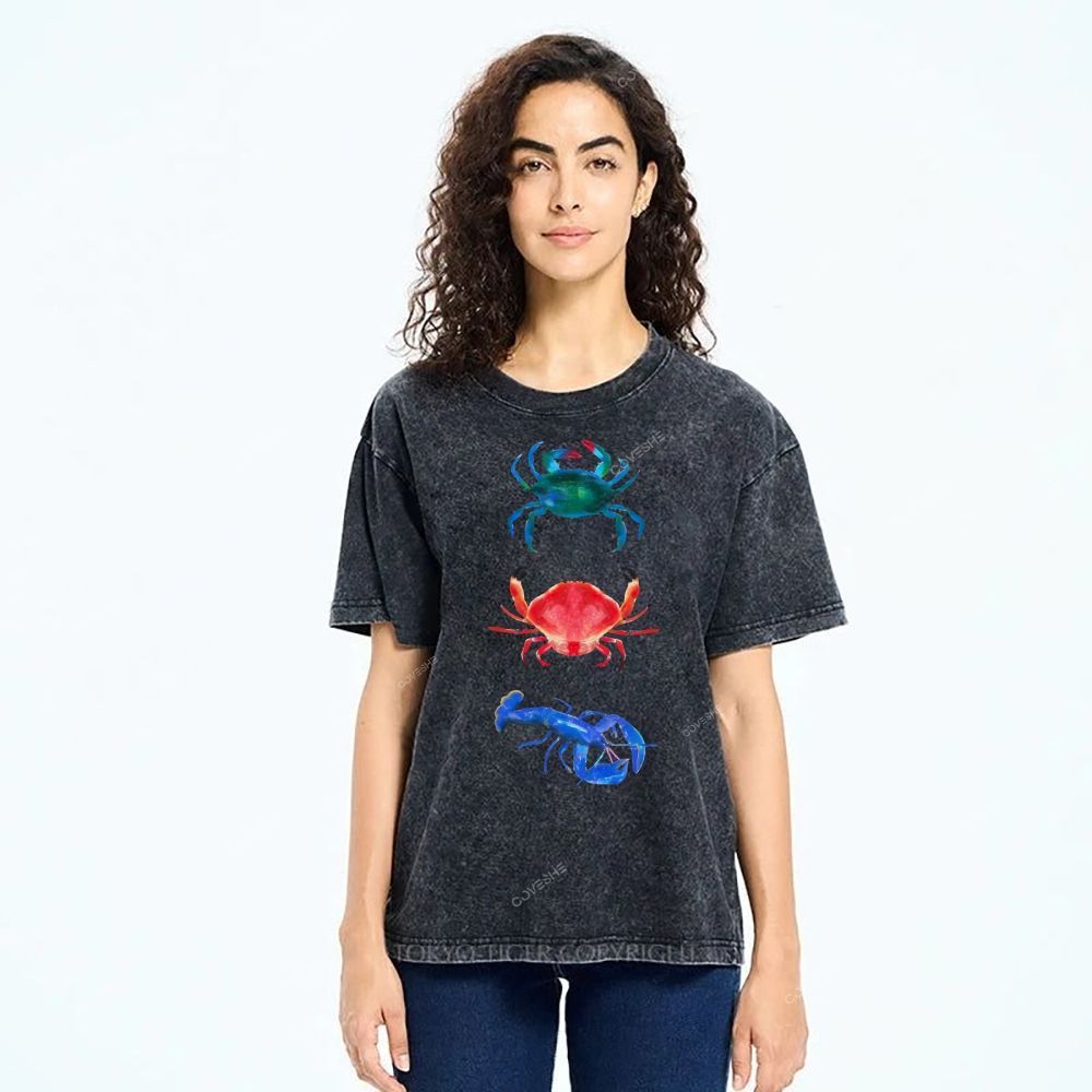 Unisex Artistic Crab Lobster Printed Washed Tee