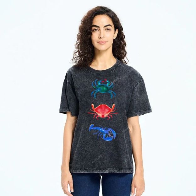 Unisex Artistic Crab Lobster Printed Washed Tee