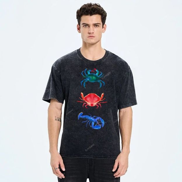 Unisex Artistic Crab Lobster Printed Washed Tee
