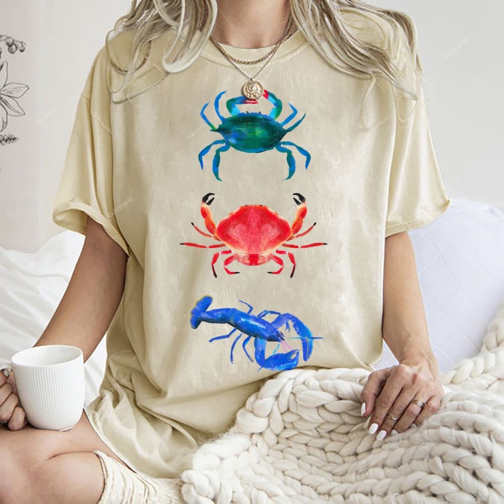 Unisex Artistic Crab Lobster Printed Washed Tee