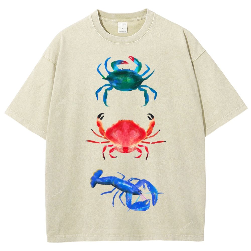 Unisex Artistic Crab Lobster Printed Washed Tee