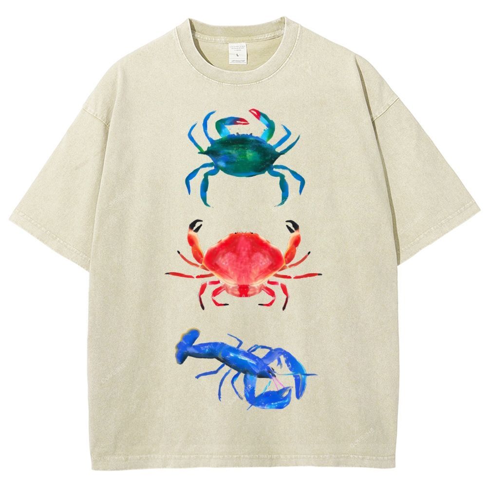 Unisex Artistic Crab Lobster Printed Washed Tee